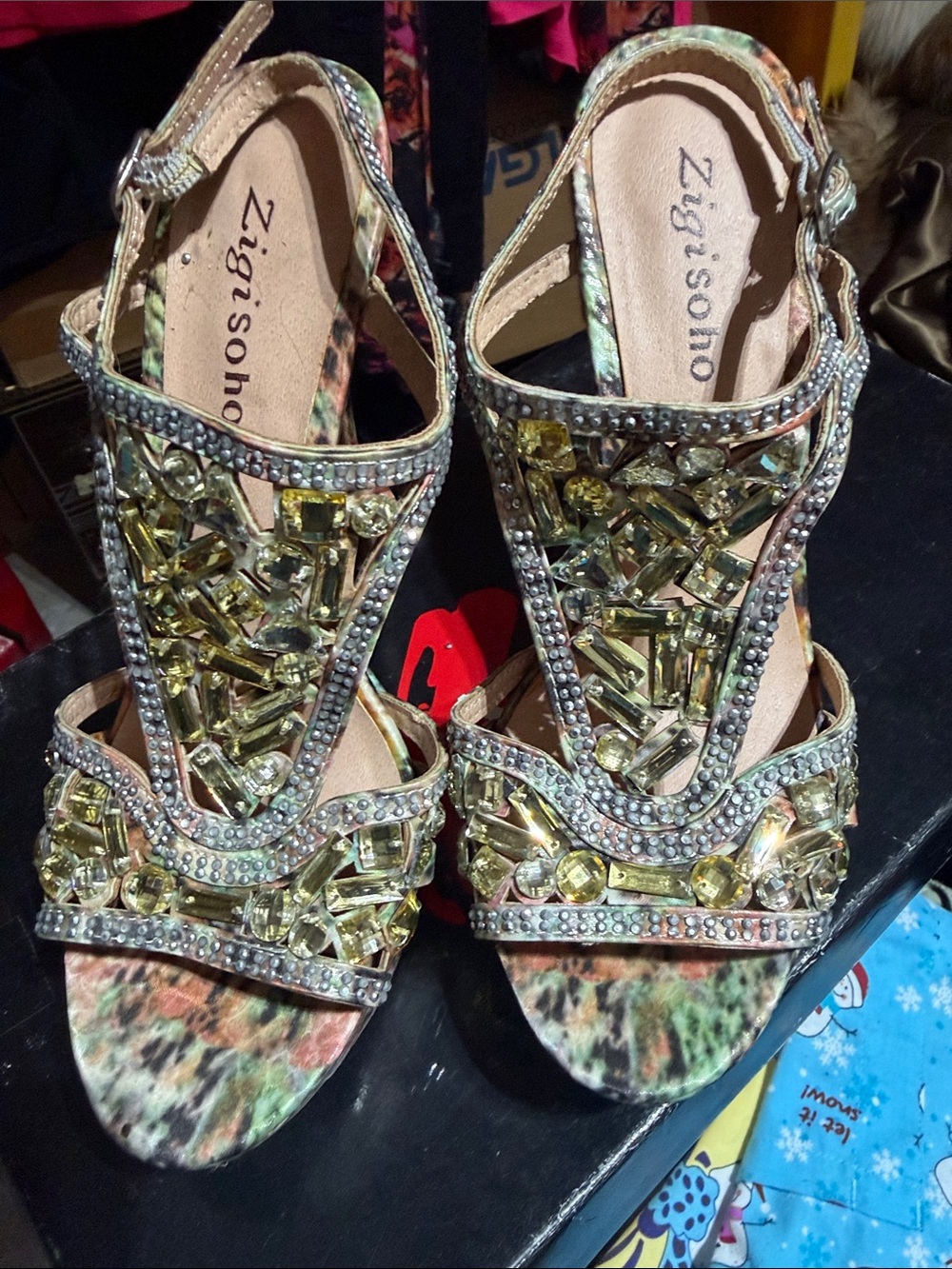 Zigi Soho Multicolor Jeweled T-Strap Heeled Sandals